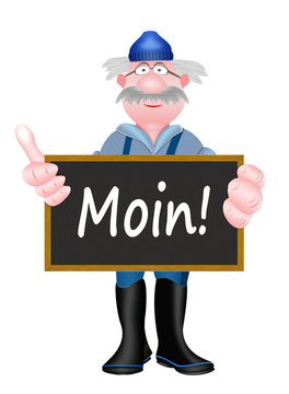 Moin, Seemann mit Schild, wei&szlig;er Hintergrund