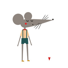 Cute mouse boy on white background. Child drawing style baby animal illustration. Fashion design card.