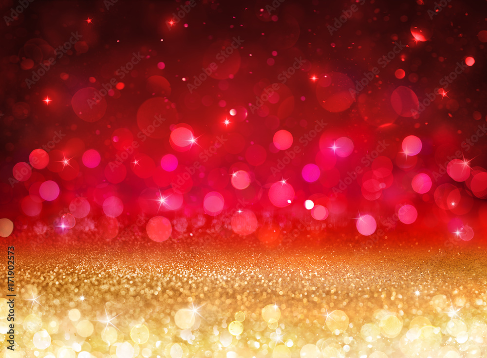 Wall mural bokeh background - glittering effect with golden and red lights