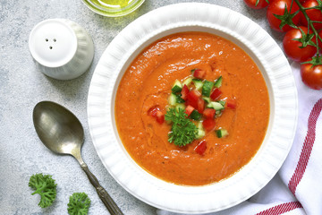 Tomato soup gazpacho or salmorejo.Top view .