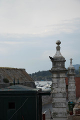 stone gray turrets of Venetian fortress closeup
