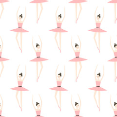 Cute ballerina in pink tutu seamless pattern on white background. Ballet dancer vector illustration. Fashion design for textile, wallpaper, fabric, print on baby's clothes. © in_dies_magis