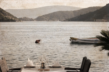 Artwork in retro style, restaurant near the sea