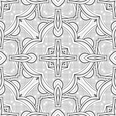 Monochrome Seamless Pattern with Ethnic Motifs. Endless Tribal Texture. Tile Background, Kaleidoscope. Coloring Book Page. Vector Contour Illustration. Abstract Mandala Art, Doodle Sketchy Style