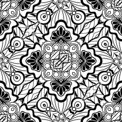 Black and White Seamless Pattern with Mosaic Floral Motif. Endless Tribal Texture. Tile Background, Kaleidoscope. Pressured Printing Template. Vector Contour Illustration. Abstract Art, Ethnic Style
