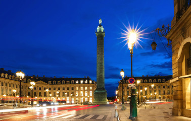 The Vendome column , the Place Vendome at night, Paris, France.