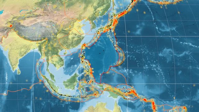 Philippine Sea tectonics featured. Topography. Mollweide projection