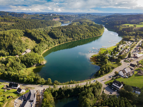 Aerial view of the agger dam in Gummersbach-Lantenbach
