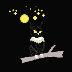 Owl on the timber with yellow moon and star in thai tradition drawing style on black background. owl is a nocturnal bird of prey with large forward-facing eyes surrounded by facial disks