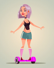 Happy smiling little girl teen character riding on hoverboard. Vector flat cartoon illustration