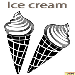 Vector ice cream. Black icon. Sundae. Chocolate ice cream. Sundae drizzled with chocolate. Classic sundae on a stick. Dessert. The ice cream in chocolate with nuts. Sundae caramel. Vector illustration