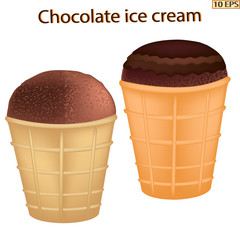 Ice cream in a waffle cup. The ice cream in chocolate with nuts. Ice caramel cream drizzled with chocolate. Chocolate ice cream. Vector illustration.
