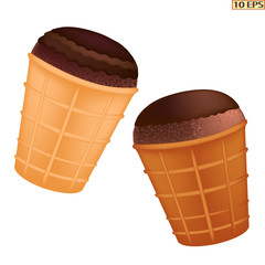 Ice cream in a waffle cup. The ice cream in chocolate with nuts. Ice caramel cream drizzled with chocolate. Chocolate ice cream. Vector illustration.