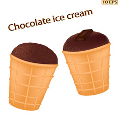 Ice cream in a waffle cup. The ice cream in chocolate with nuts. Ice caramel cream drizzled with chocolate. Chocolate ice cream. Vector illustration.
