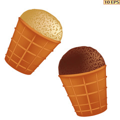 Ice cream in a waffle cup. The ice cream in chocolate with nuts. Ice caramel cream drizzled with chocolate. Chocolate ice cream. Vector illustration.