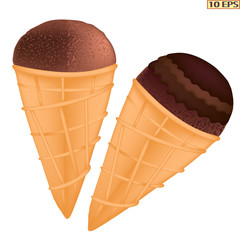 Ice cream in a waffle cup. The ice cream in chocolate with nuts. Ice caramel cream drizzled with chocolate. Chocolate ice cream. Vector illustration.