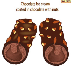 Ice cream. Sundae. Chocolate ice cream. Sundae drizzled with chocolate and nuts. Dessert. The ice cream in chocolate with nuts. Sundae caramel. Vector illustration.