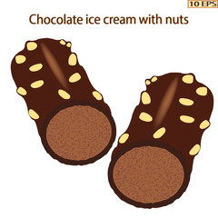 Ice cream. Sundae. Chocolate ice cream. Sundae drizzled with chocolate and nuts. Dessert. The ice cream in chocolate with nuts. Sundae caramel. Vector illustration.
