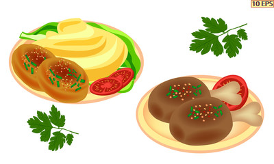 Cutlet on the bone and mashed potatoes. Steak with mashed potatoes. American food. Cutlets. Meat chop and bread. Fried meat cutlets. Vector illustration.