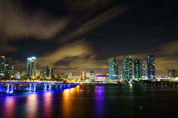 Miami city skyline panorama at dusk with urban skyscrapers and bridge over sea with reflection