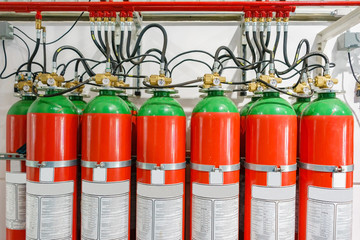 Hazard fire suppression system of a gas fire extinguishing. a closeup of the fire extinguishing...