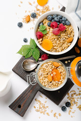 Homemade granola and healthy breakfast ingredients - milk, dried fruit and berries
