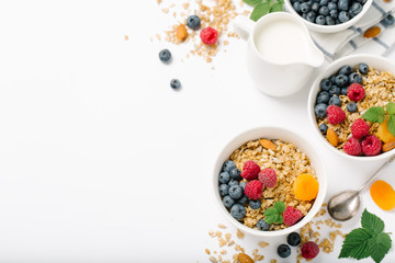 Homemade granola and healthy breakfast ingredients - milk, dried fruit and berries