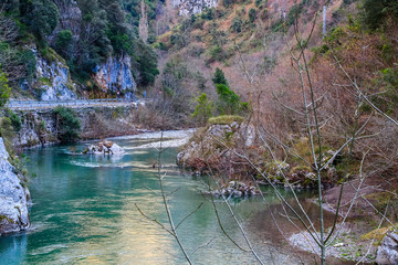 Winter Landscape in Picos de Europa mountains, Cantabria, Spain. The jagged, deeply fissured Picos...