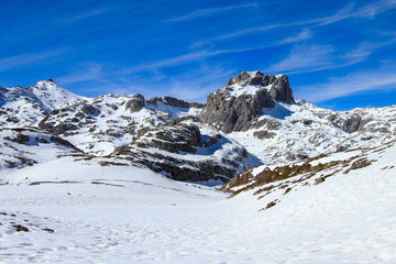 Winter Landscape in Picos de Europa mountains, Cantabria, Spain. The jagged, deeply fissured Picos de Europa mountains straddle southeast Asturias, southwest Cantabria and northern Castilla y Leon.