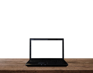 Laptop computer blank white screen, on wooden table, isolated on white background. Clipping path included