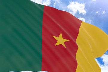 3D rendering of Cameroon flag waving on blue sky background