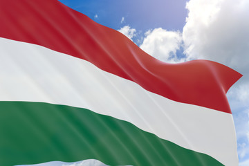 3D rendering of Hungary flag waving on blue sky background