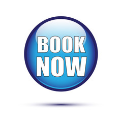 Blue glossy book now button on white