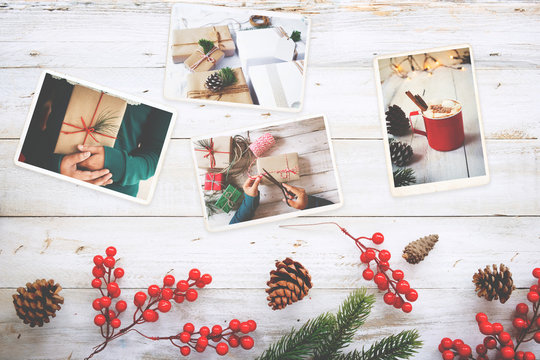 Photo album in remembrance and nostalgia in Christmas (winter season) on wood table. photo of retro camera - vintage and retro style, topview