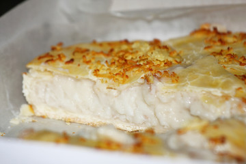 Fluffy sweet coconut pie buko pie made from pure young coconut and fresh coconut juice.