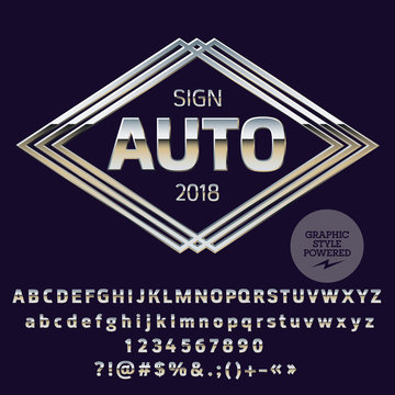 Vector Silver Logo Template for Luxury Car Shop. Chrome set of Letters, Numbers, Symbols. Graphic Style Font.
