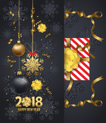 Fototapeta na wymiar Holiday Greeting and happy new year 2018 card with gold balls