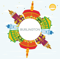 Burlington Skyline with Color Buildings, Blue Sky and Copy Space.