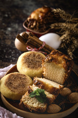 Homemade cinnamon cake and almonds