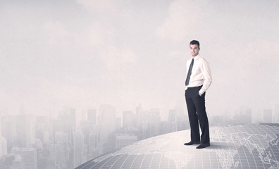 man standing in front of city landscape