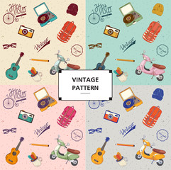 hipster background vintage retro pattern bike icon collection cute drawing element illustration items motorcycle music object old seamless set 