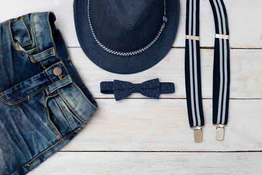 Kids fashion. Clothing and accessories of blue for the boy