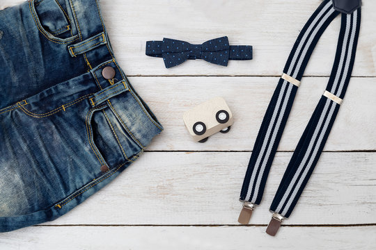 Clothes for little boy dark blue color. Accessories for a little gentleman