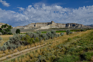 Fototapeta na wymiar dirt road in the green valley with white mesa cliffs on the background Henrieville, Garfield county, Utah, USA