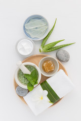 Homemade skin care and body scrub with natural ingredients honey, salt, mint, natural lotion and aloe vera set up on white wooden background.