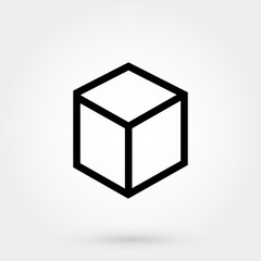 Silhouette flat icon, vector design. Black 3d cube on white background. Illustration of box, geometric figure and dice