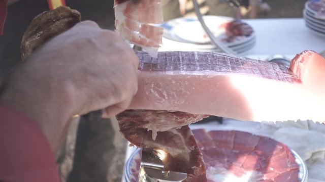 Professional cutting serrano ham leg, 4k