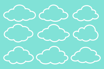 Set of white clouds collection vector icons isolated on blue background