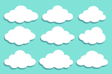 Set of white clouds collection vector icons isolated on blue background