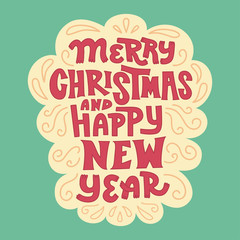 Fototapeta premium Hand drawn greeting card with decorative elements, swirls and lettering. Merry Christmas and Happy New Year greeting card design. Template for posters, invitations and flyers.